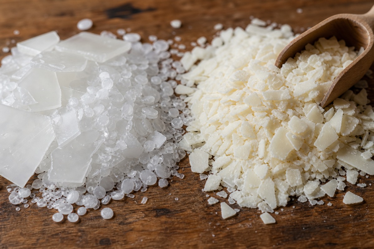 Perlas de parafina brillantes junto a escamas de cera de soja mate y cremosa sobre una mesa de madera