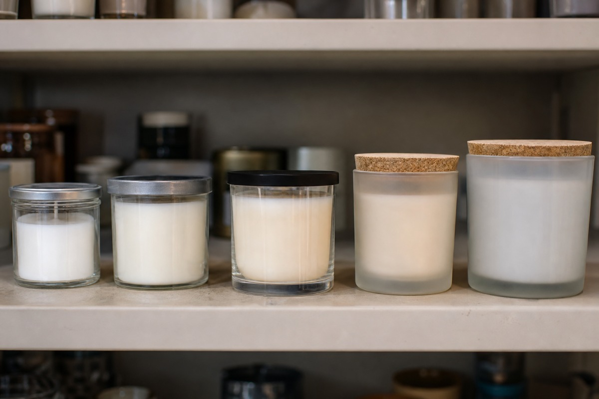 Hilera de cinco velas de vidrio distintas en vasos, una al lado de la otra, en un estante de tienda