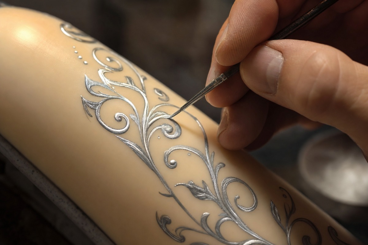 Pintura a mano de un ornamento plateado con un pincel fino sobre la superficie de la vela