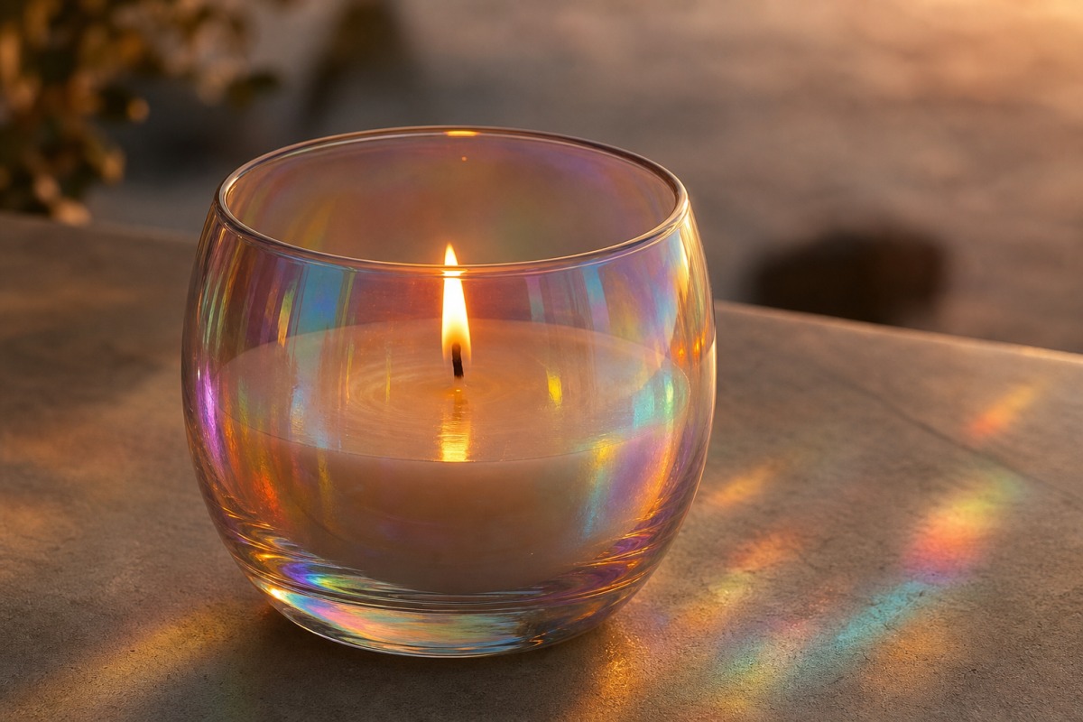 Vela vegetal limpia ardiendo en un vidrio holográfico dicroico que refracta la luz de la llama en reflejos de arcoíris.