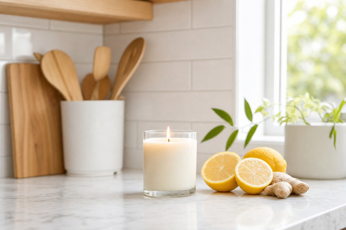 Vela cítrica con limones y jengibre sobre la encimera de la cocina