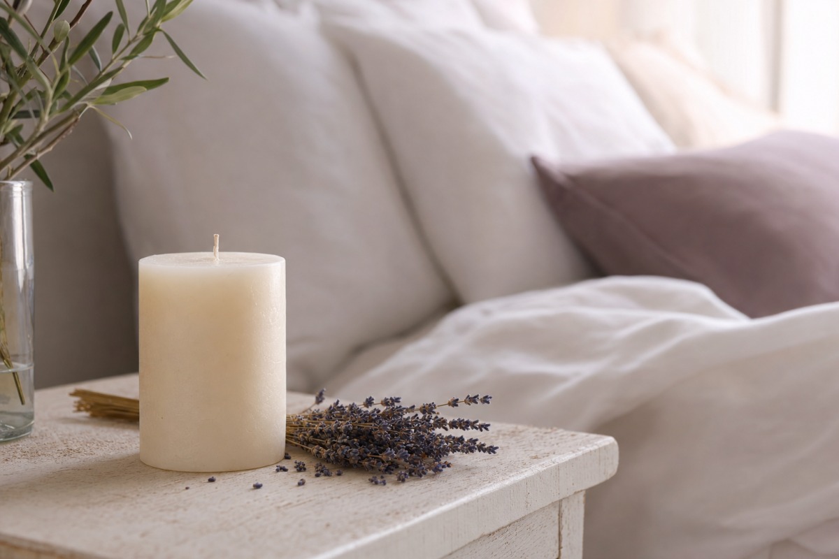 Delicada vela floral con lavanda sobre la mesita de noche del dormitorio