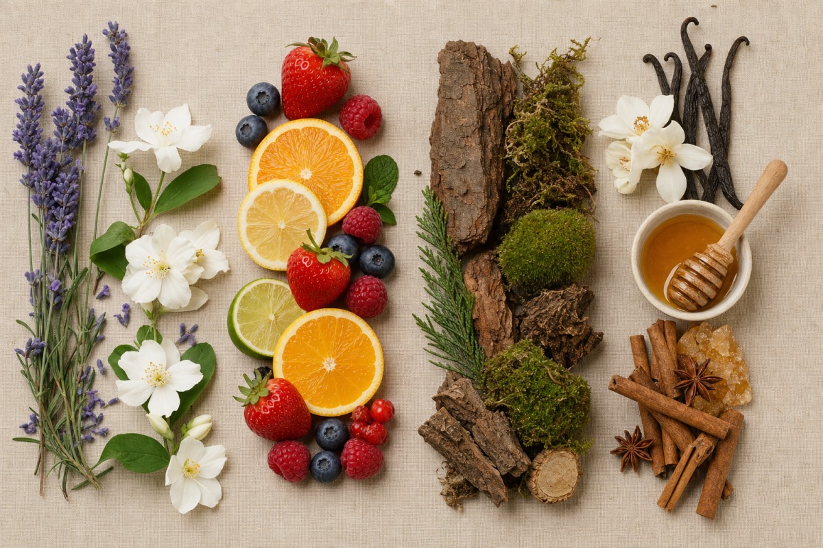 Cuatro familias olfativas — floral, frutal, amaderada y dulce — dispuestas una junto a otra