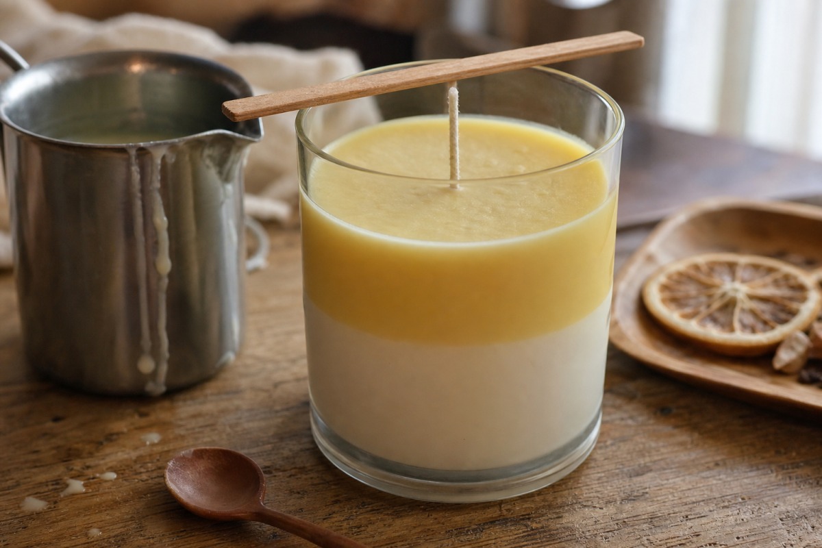 Vela artesanal de soja de dos capas en un vaso de borosilicato, con la mecha sujeta a un palito de madera y rodajas de limón secas colocadas al lado