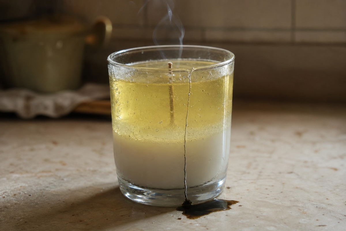 Vaso de vidrio fino con una vela de gel de limonada de dos capas, con una grieta larga que va del fondo al borde y un charco de aceite sobre la encimera