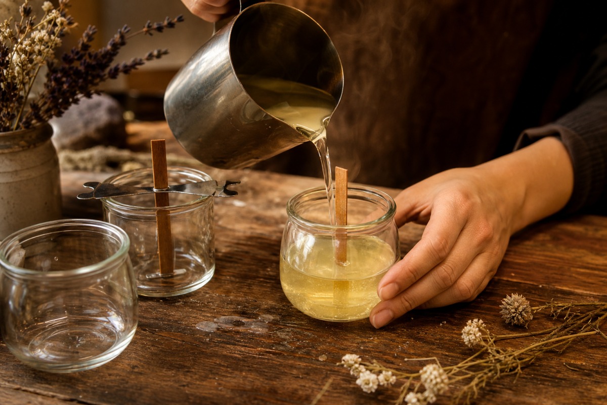 Colado a mano de cera vegetal fundida en un vaso de vidrio con mecha de madera, en un taller