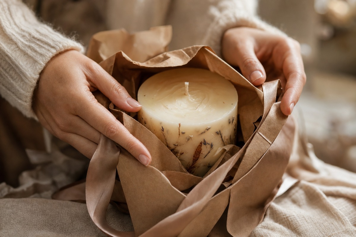 Primer plano de unas manos desenvolviendo una vela artesanal del papel de regalo