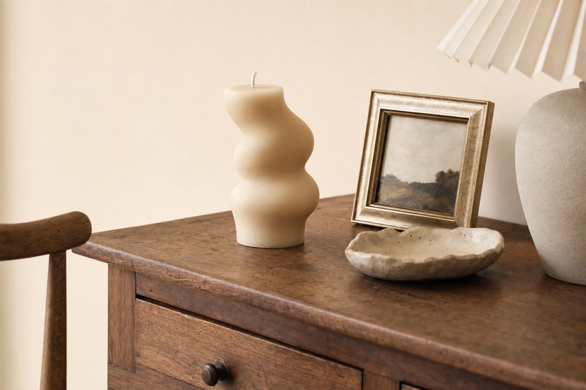 Vela artesanal sin encender, dispuesta como decoración sobre una cómoda