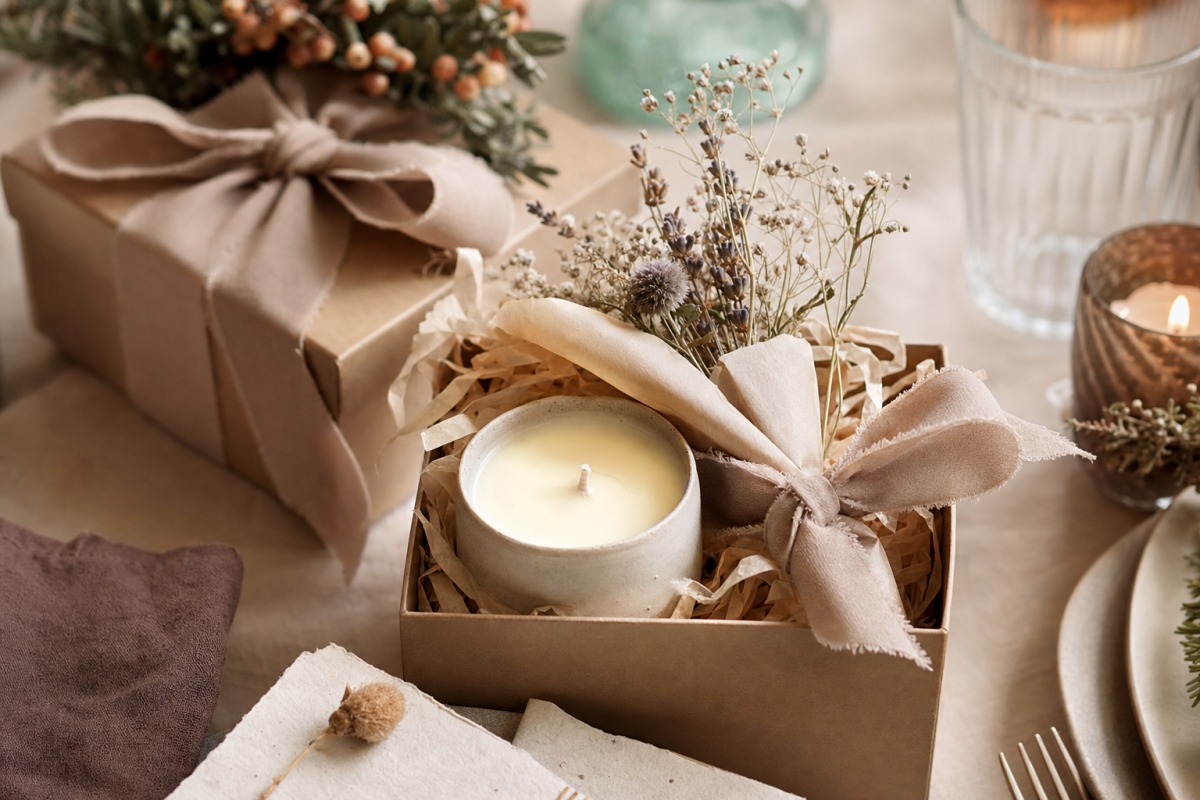 Vela artesanal preparada como regalo sobre una mesa festiva