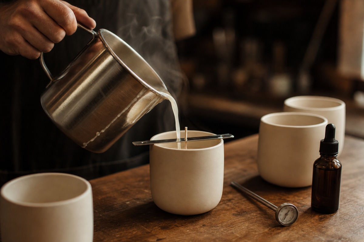 Unas manos vierten cera de soja templada y cremosa en un recipiente de cerámica con una mecha de algodón centrada; al lado, un frasquito de aceite aromático
