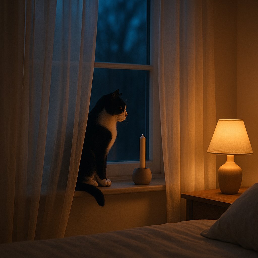 Gata durmiendo sobre una manta de lana junto a la ventana del salón con luz matutina tenue, vela al fondo en un estante alto a una distancia segura