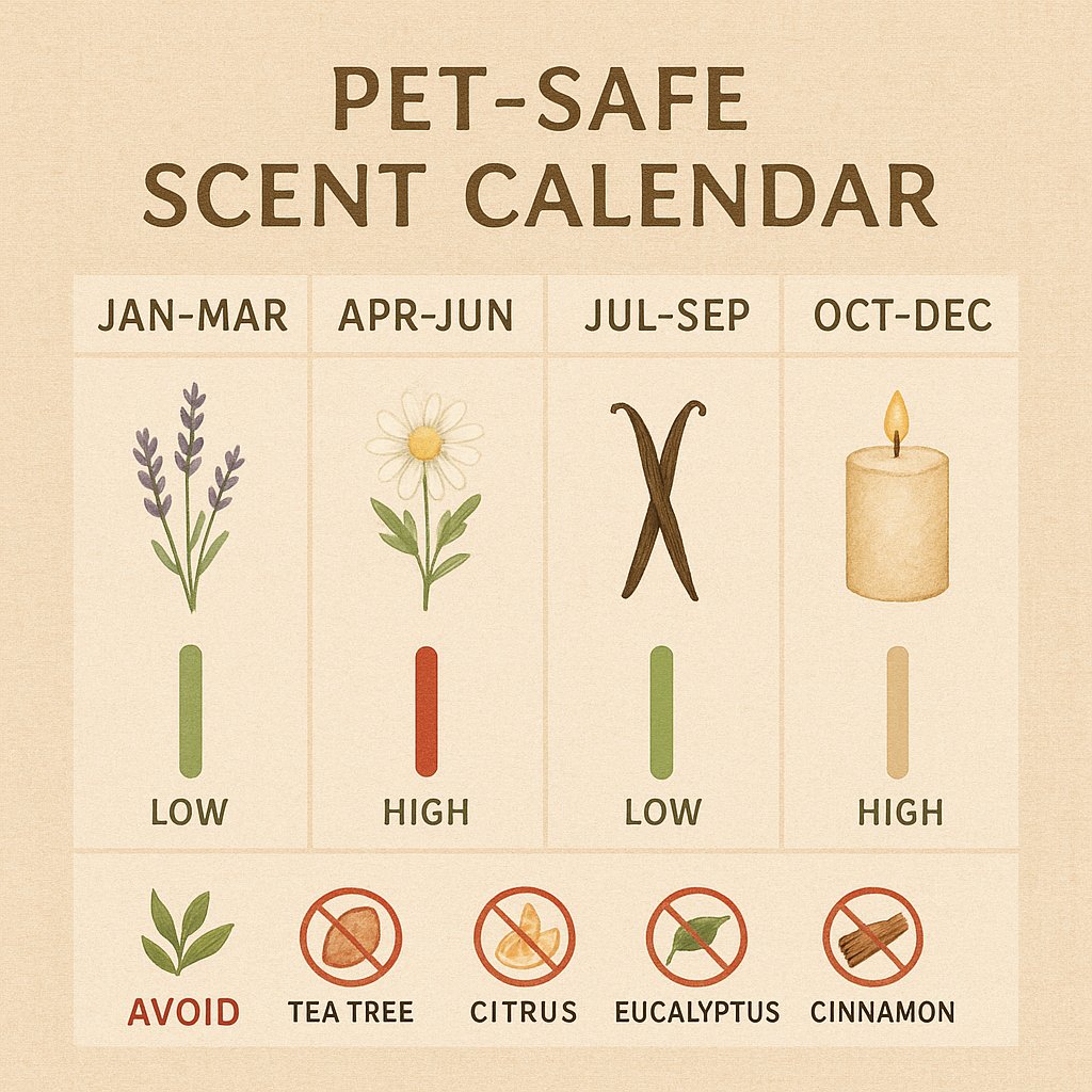 Calendario trimestral seguro para mascotas de 5 aromas seguros y 4 aceites tóxicos con las estaciones del año marcadas