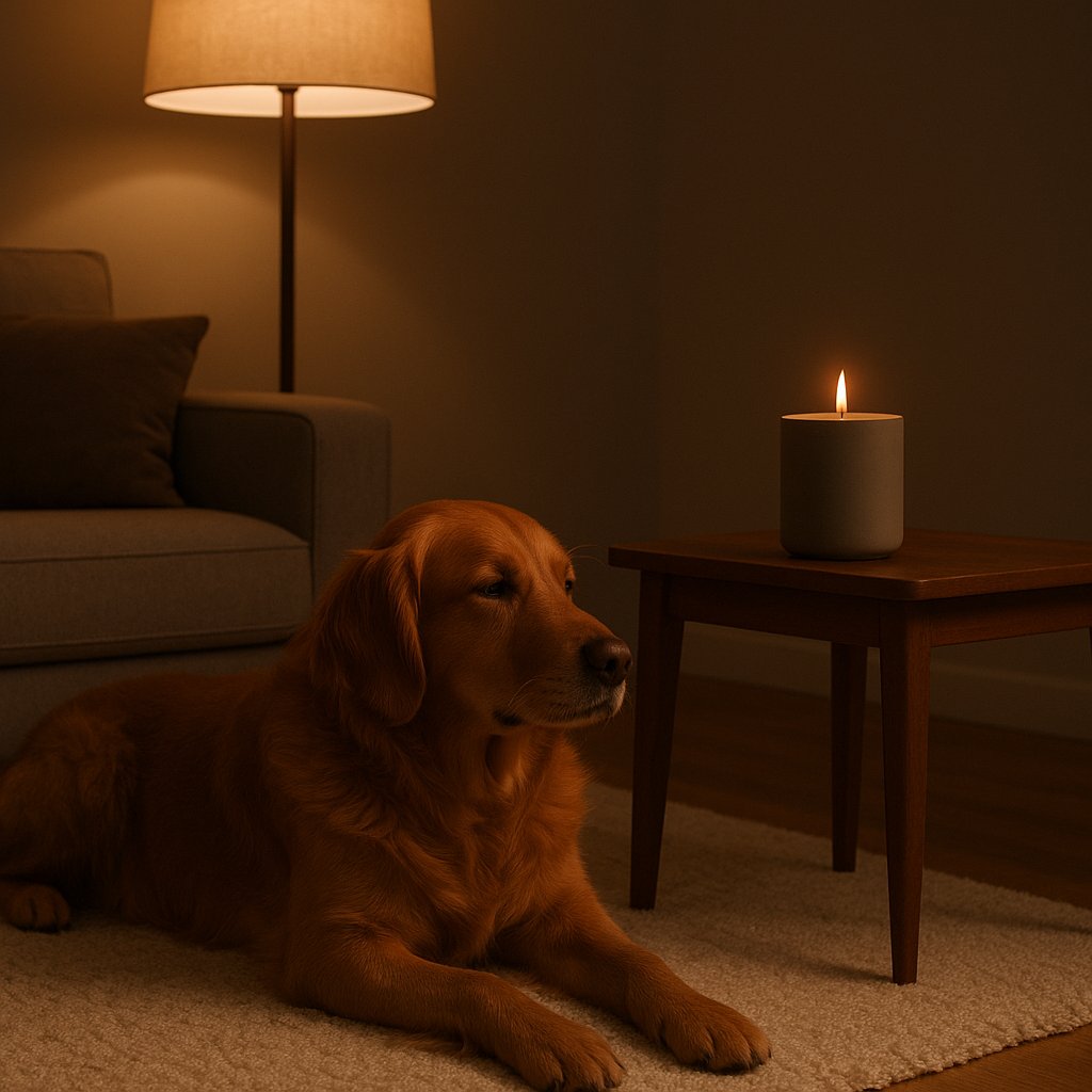 Perro junto a una vela sin aroma NOBAMO sobre un soporte alto, escena vespertina tranquila con luz tenue
