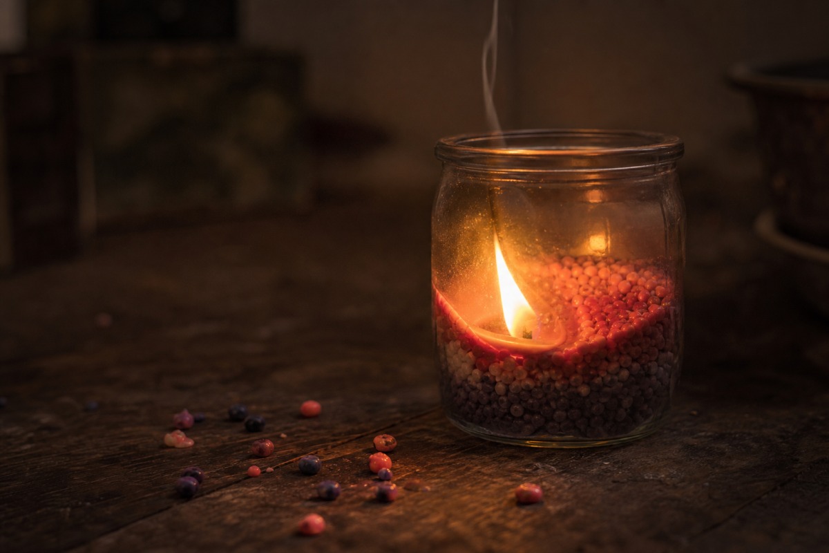 Llama en un vaso con granulado ardiendo cerca de la fina pared de vidrio, con gránulos de cera esparcidos sobre la mesa.