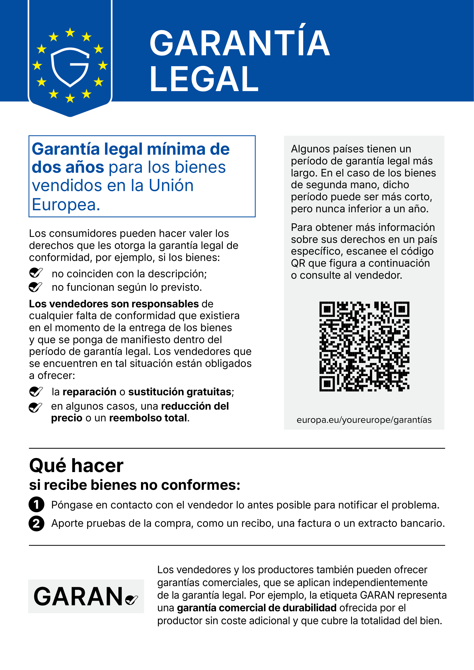 Notificación de la garantía legal de conformidad de dos años en la UE