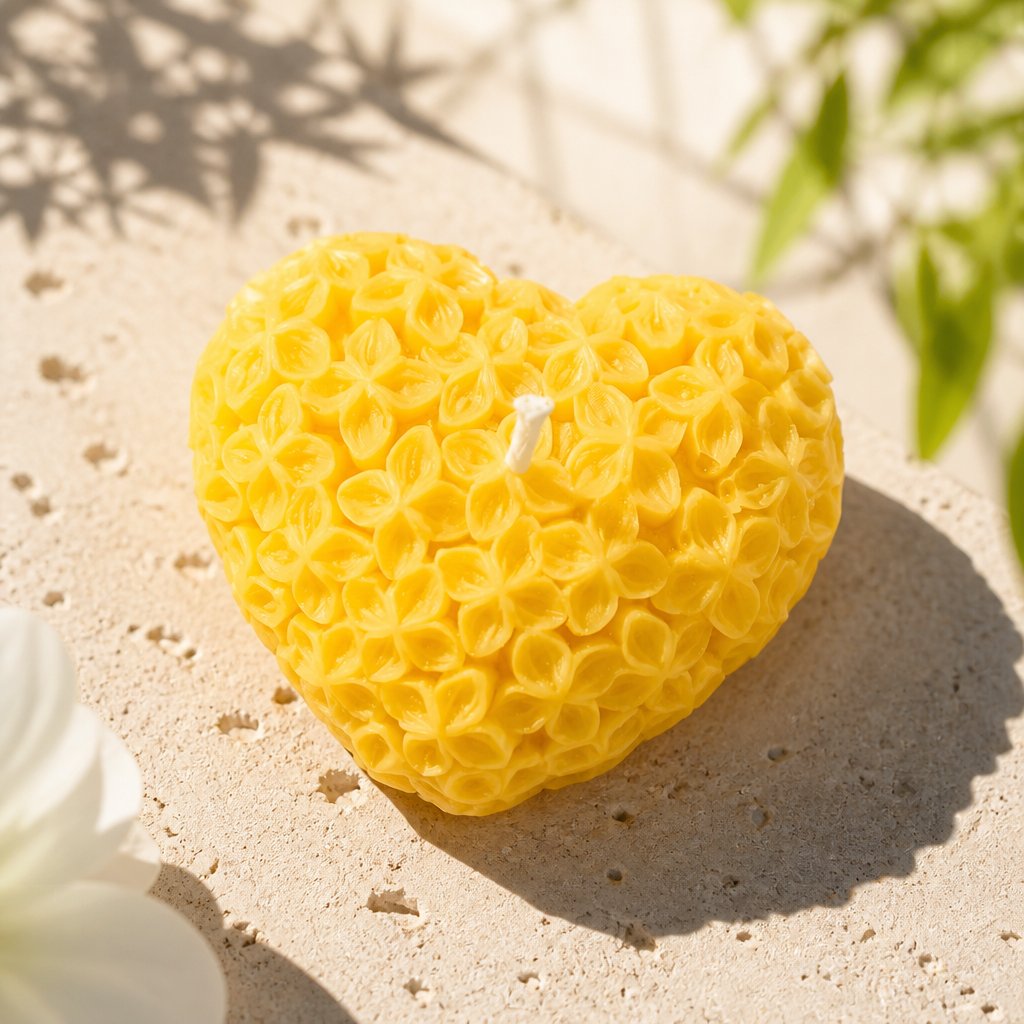 Vela decorativa Corazón floreciente - Amarilla / Lima, Albahaca, Mandarina